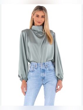Line & Dot Satin Mock Neck Blouson Top - Sage Green